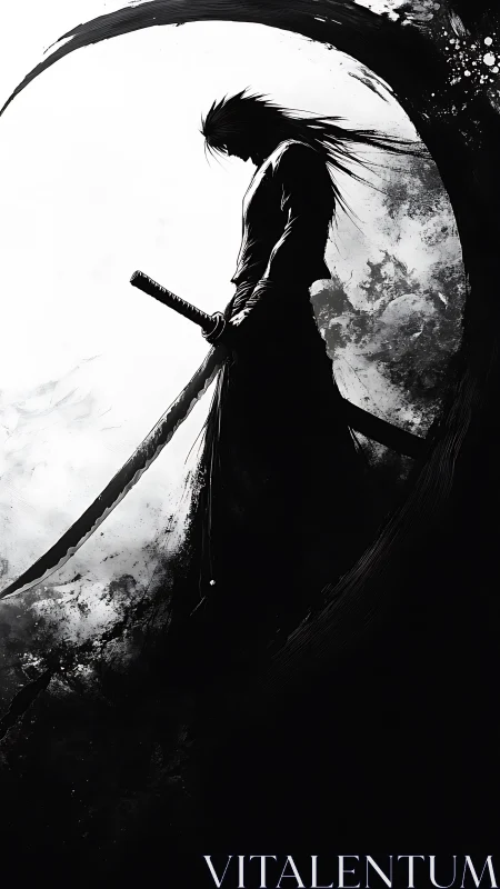 Ink-silhouetted samurai against lunar negative space field.