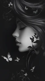 Ethereal woman in profile amid luminous monochrome butterflies.