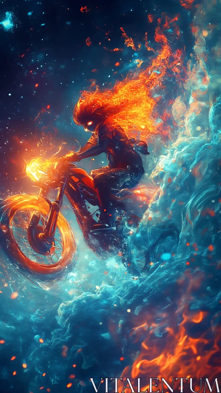 Fiery motorcycle rider racing through swirling cosmic waves.