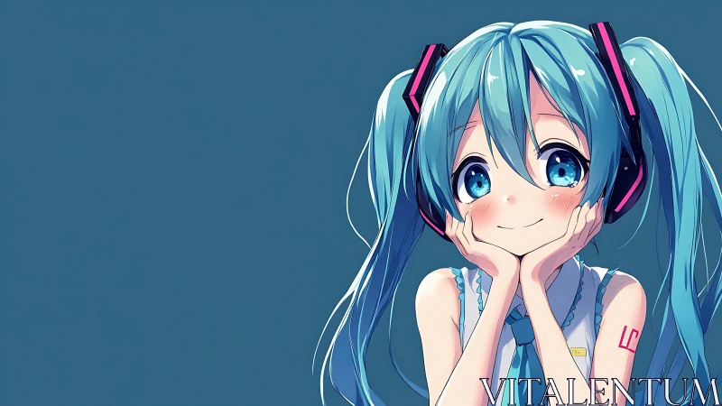 Blue-haired anime girl smiles softly in minimalist space.