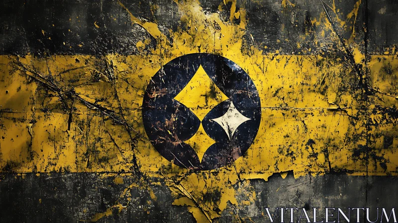 Worn yellow banner with bold abstract emblem shining through.