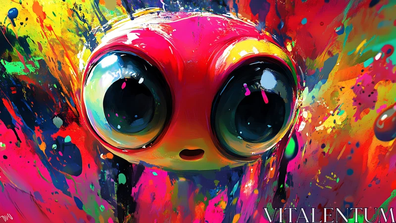 Large-eyed abstract creature amid dense color splashes.