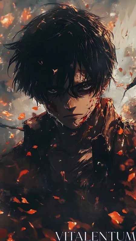 Dark-haired figure stands amid drifting embers and smoke