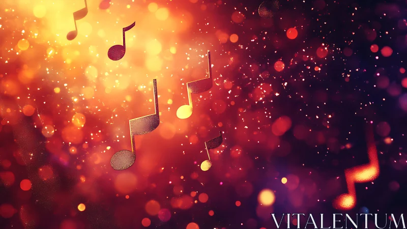 Glowing melody notes drift through a crimson spark storm.