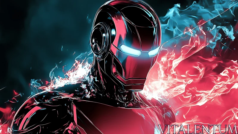 Chrome-clad cyber hero strides through twin neon infernos