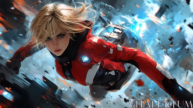 Blonde pilot in red exosuit flying through explosive debris field