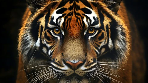 Burnished tiger portrait under dramatic low key lighting.