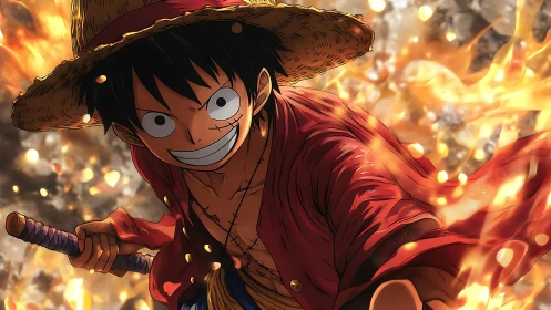 Dynamic anime hero in flame-swept action composition.