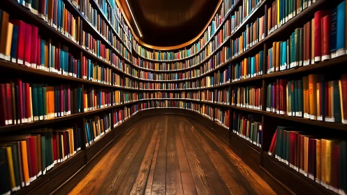 Curved library stacks form symmetric corridor with rich color depth