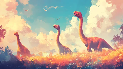 Three stylized sauropod dinosaurs stand in a bright meadow