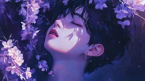 Moonlit petals cradle a dreaming face in violet hush