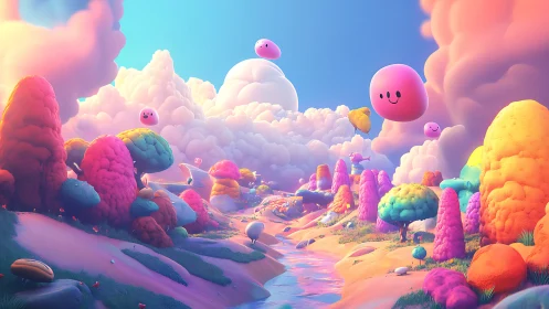 Candy cloud valley with smiling sky balloons at play.