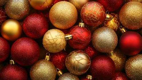 Red and gold Christmas baubles in a dense decorative cluster.