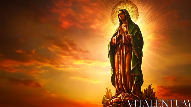 Religious statue silhouette against radiant sunset sky.