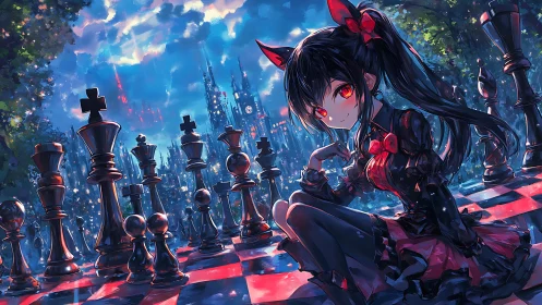 Gothic anime girl commands a glowing chessboard cityscape