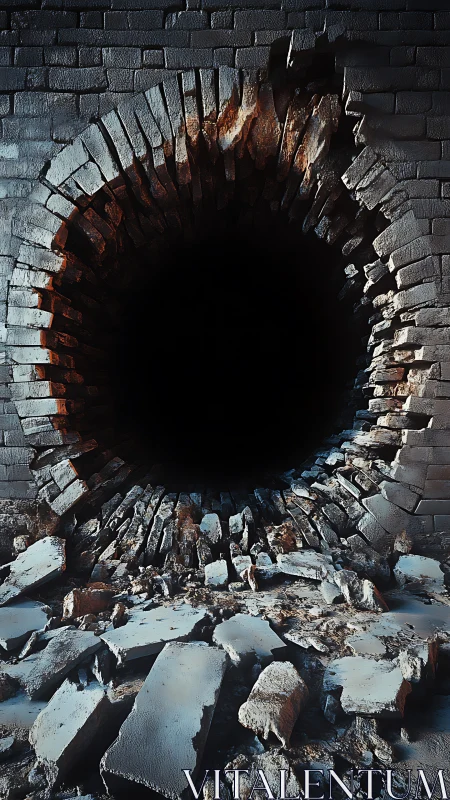 Brick wall abyss yawns open in a halo of shattered stone.