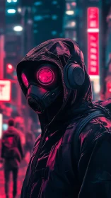 Hooded figure in gas mask on neon city street at night.