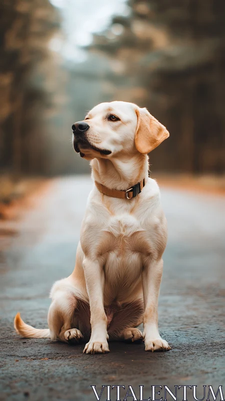 Yellow Labrador sits centered on forest road in soft focus