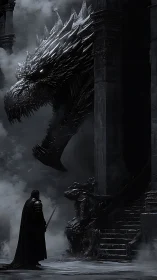 Armored warrior confronts colossal dragon in ruined hall