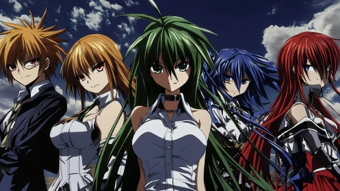 Intense anime squad under dramatic storm-lit sky.