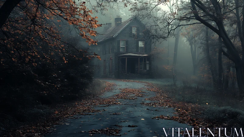 Abandoned Victorian house recedes into dense autumn forest fog