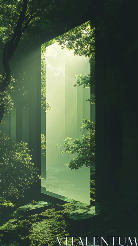 Luminous Portal Through Verdant Forest Revealing Light Source