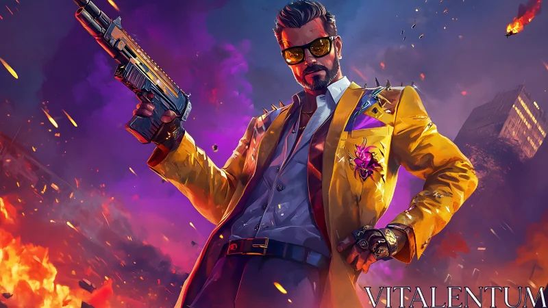 Chromatic gunslinger in incendiary urban battlefield panorama.