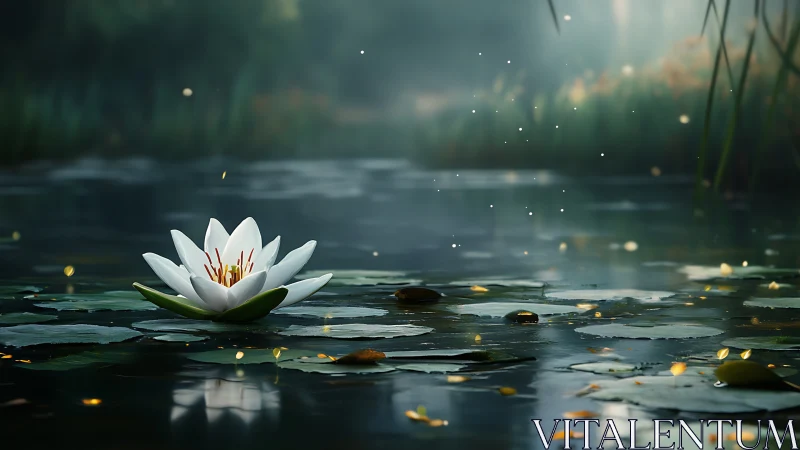 Digital lily pond tableau with cinematic depth of field focus.