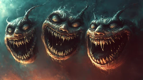 Grotesque horned demon heads with gaping fanged maws.