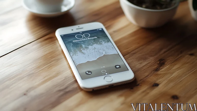 White iPhone displayed on wooden surface with home screen visible.