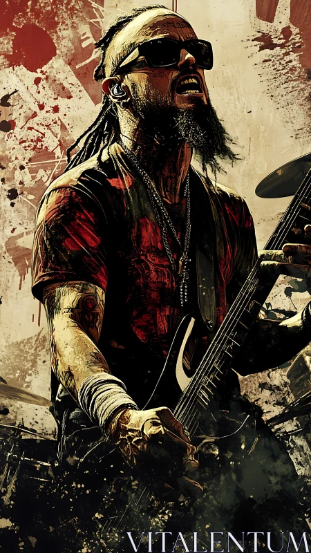 Riff-slinging rebel erupts in splattered rock energy.