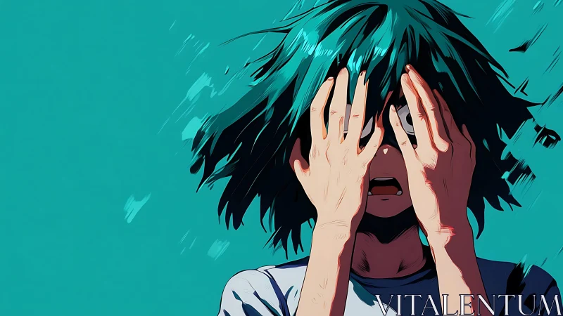 Distressed teal haired anime character covering face.