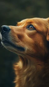 Profile close-up of attentive brown dog against dark background.