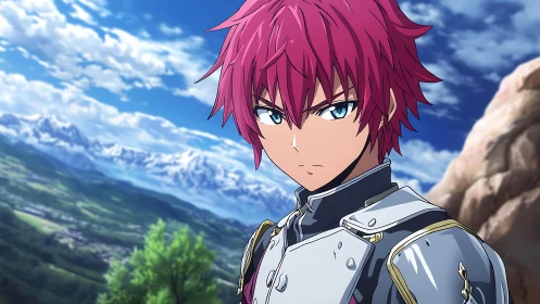 Red haired armored character stands before distant mountains