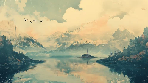 Mountain lake with distant island church and birds in flight.