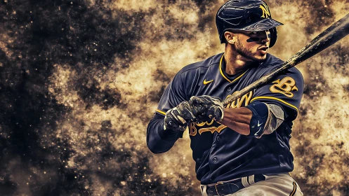 Baseball slugger prepares to swing amid explosive energy clouds.