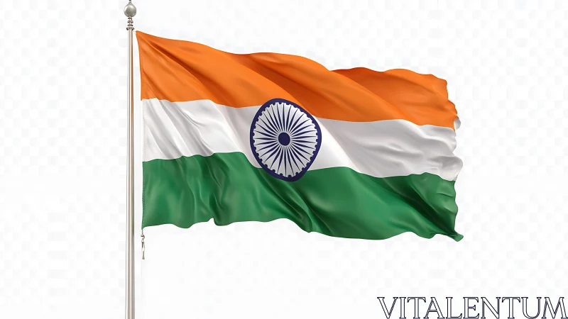 Tricolour flag with central wheel is rendered on metal pole