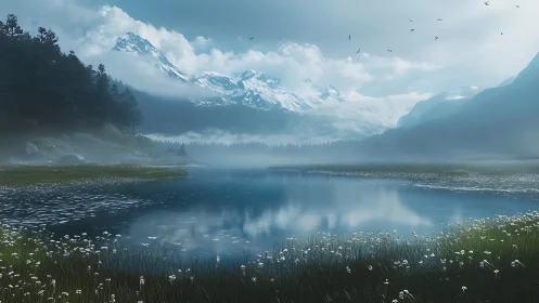 Snowcapped giants whisper over a glassy, wildflower lake