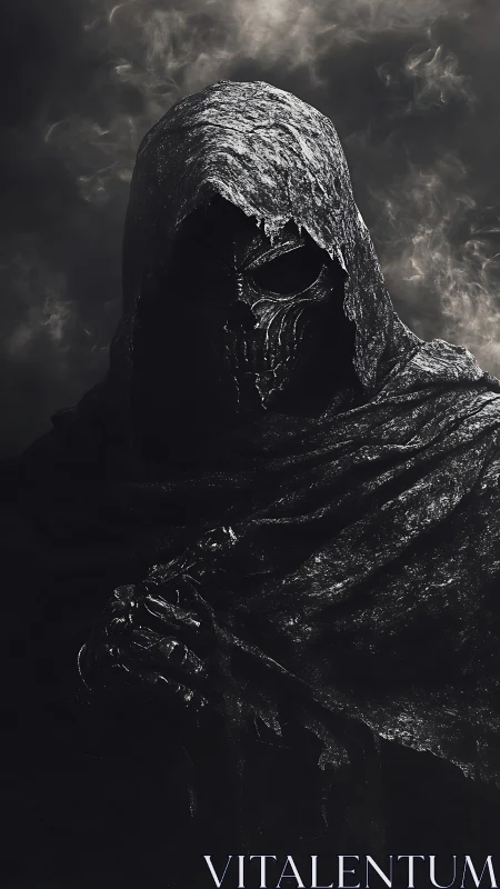 Brooding hooded wraith carved from storm-soaked shadowstone.