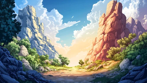 Sunlit mountain pass invites a peaceful, storybook journey