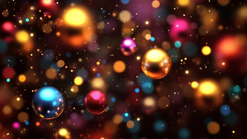 Colored reflective spheres float within a defocused particle field