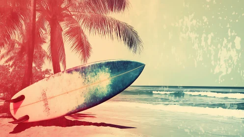 Sun-faded surfboard leans into a dreamy tropical afternoon
