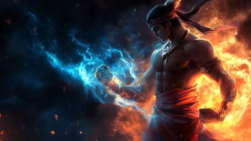 Warrior controls opposing fire and energy in dark void