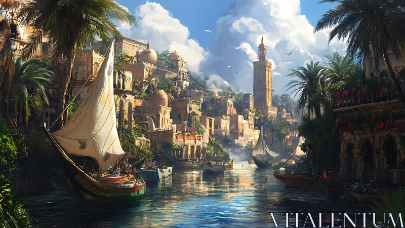 Sunlit river city welcomes graceful sailboats and warm skies