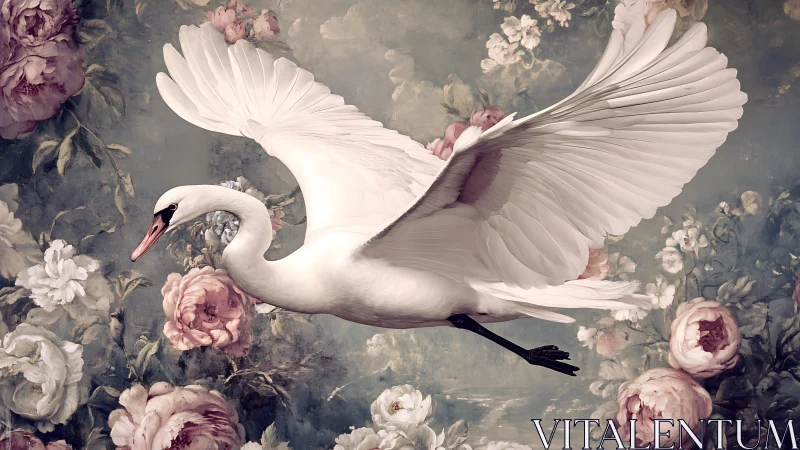 Swan in lateral flight against dense floral backdrop.