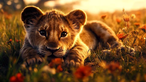 Lion cub rests in warm sunset grassland field