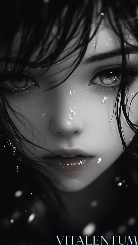 Wet haired girl gazes forward through drifting water droplets