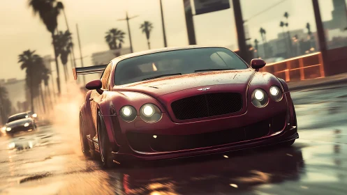 Red Bentley race car speeding on wet palm-lined street.