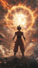 Saiyan warrior faces colossal cosmic energy vortex