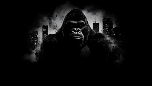 Gorilla silhouette is centered against distant city skyline